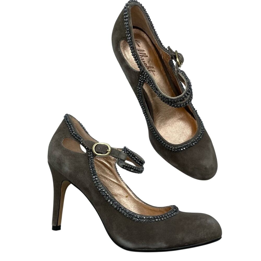 Anthropologie Miss Albright Grey Suede Stiletto Mary Jane Heels 8 Retro Glam